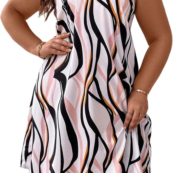 Plus Size Printed Tie Back Halter Dress Women's Knee Length A Line Tunic - Picture 1 of 6